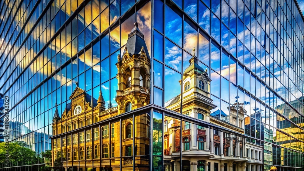 Poster architectural reflections: exploring contrasts in modern and classical structures with captivating g
