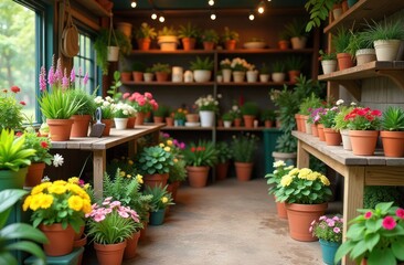 rural garden center with colorful potted flowers and plants on wooden shelves