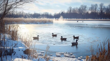 Ducks Swimming in a Partially Frozen Lake Surrounded by Winter Scenery and Frosted Vegetation, Capturing the Serenity of a Cool Day in Nature
