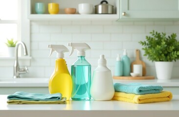 Cleaning products for kitchen cleaning on the background of a light kitchen
