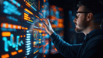 A cybersecurity expert interacts with a high-tech digital interface displaying complex data and analytics, focused on monitoring network security.