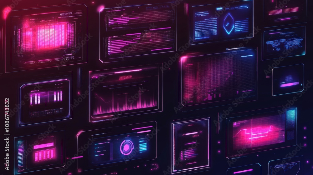 Poster a wall of glowing digital interfaces with data and visuals