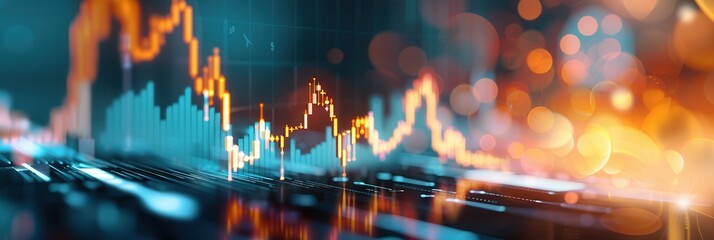 A vibrant stock market chart showing financial data, rising trends, and bar and line graphs against a blurred colorful background.