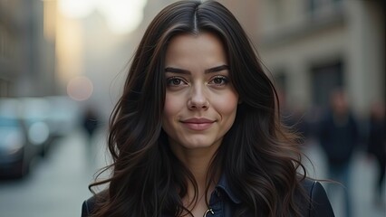 Young Woman With Long Dark Hair Smiles Confidently on a Busy City Street During Golden Hour in Early Evening