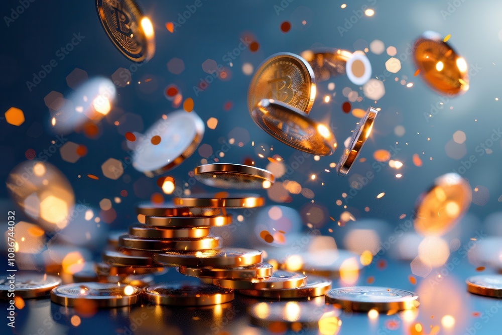 Poster a dynamic stack of bitcoin coins with glowing particles and sparks on a dark background, highlightin