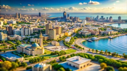 Fototapeta premium Baku Azerbaijan Map in Tilt-Shift Photography: A Unique Aerial Perspective of the Cityscape, Showcasing Urban Landmarks and the Caspian Sea in Vivid Detail
