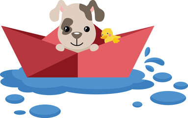 Cute dog inside origami paper boat