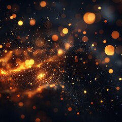 Abstract golden particles flowing and creating a magical bokeh effect on a dark background, perfect for luxury, festive, or technology related projects