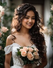 Portrait of a bride with a bouquet of roses. Beautiful curly brunette