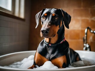 Doberman sits in a bath with foam. Bathing. Dog care