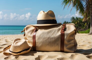 Travel bag with Panama hat on the ocean beach. Tourism. Holidays in tropical countries