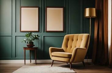 Living room with a classic armchair and floor lamp. There are two empty framed posters on the wall. For mockup
