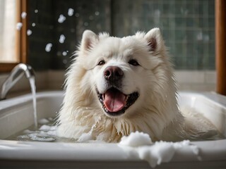 Samoyed husky sits in a bath with foam. Bathing. Dog care