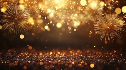 Fototapeta premium golden festive fireworks in the night sky. New Year's fireworks in the city