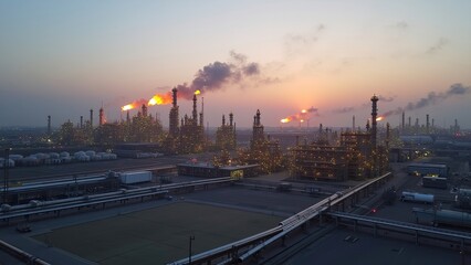Oil Refinery at Sunset With Flames and Smoke Rising Into the Sky Over Industrial Landscape