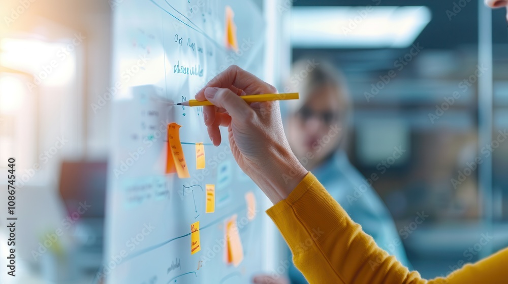 Poster close-up of a team member writing on a whiteboard covered with sticky notes, collaborating on projec