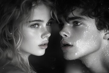 Obraz premium Monochrome portraits of youthful faces with intense gazes in dramatic lighting