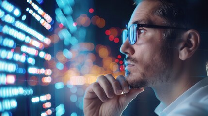 Close-up of a focused data analyst observing illuminated data on a digital display, highlighting analysis, technology, and critical thinking in a high-tech setting.