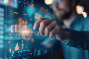 Close-up of a hand pointing at an illuminated digital dashboard displaying financial data and analytics, emphasizing technology and insights.