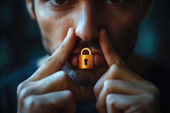 Silence concept: man holding lock on lips for secrecy and privacy