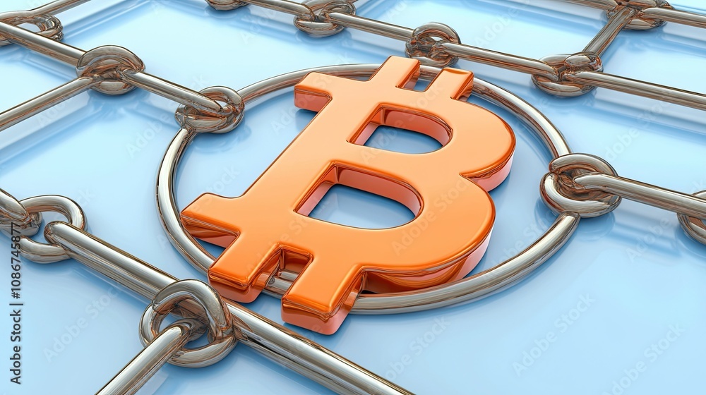 Aufkleber 3d render of a bitcoin symbol enclosed in metallic chains against a light blue background, represent