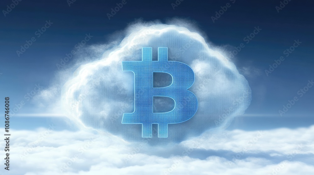 Poster futuristic cloud computing with bitcoin symbol in the sky, representing digital currency and cryptoc