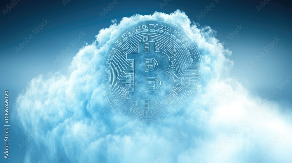 Poster ethereal bitcoin symbol surrounded by soft clouds representing cryptocurrency in a digital future wi
