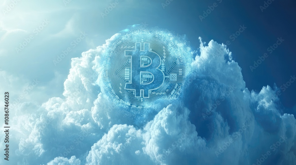 Poster a digital representation of bitcoin symbol surrounded by ethereal clouds illustrating the concept of