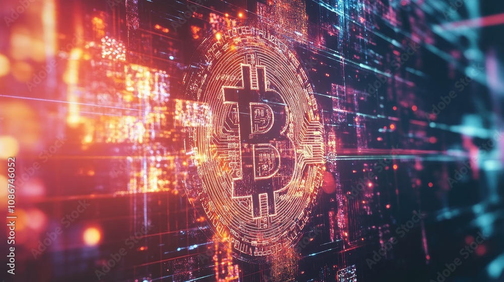 Poster futuristic digital concept of bitcoin cryptocurrency with vibrant lights and matrix background repre