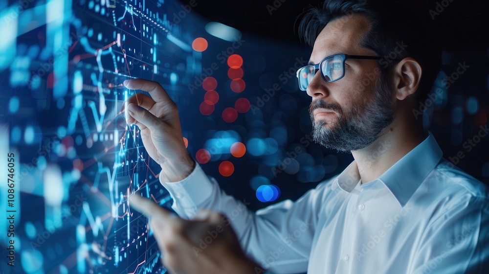 Aufkleber close-up of a focused male analyst with glasses analyzing stock market data and graphs on an interac