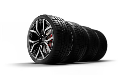 Row of black car wheels with alloy rims on transparent background