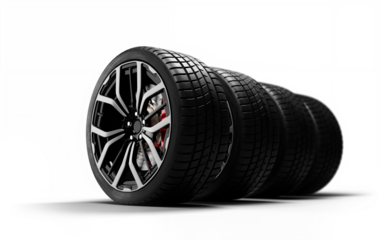 Row of black car wheels with alloy rims on transparent background