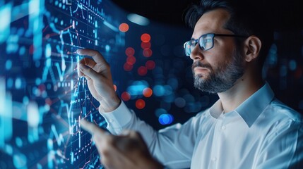 Close-up of a focused male analyst with glasses analyzing stock market data and graphs on an interactive transparent digital screen in a high-tech environment.