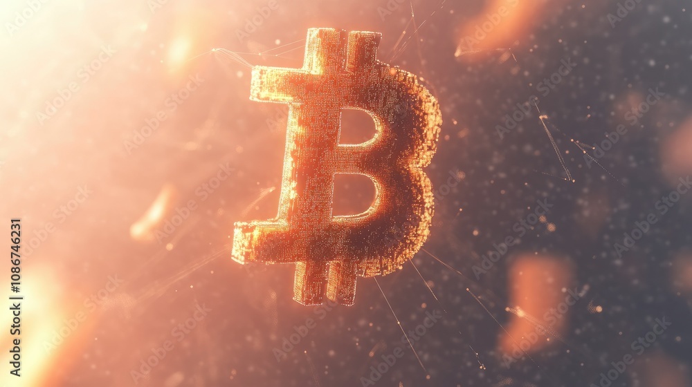 Aufkleber shimmering bitcoin symbol surrounded by soft light and floating particles, representing digital curr