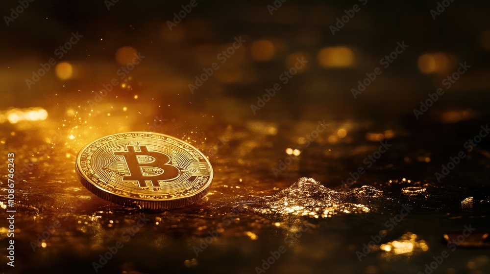 Aufkleber glimmering bitcoin on shimmering gold surface with sparkling particles representing cryptocurrency w
