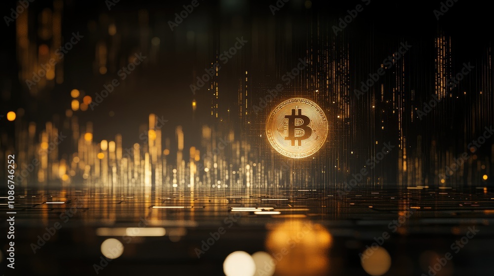 Poster stunning digital concept of bitcoin with golden particles and data streams in a futuristic environme