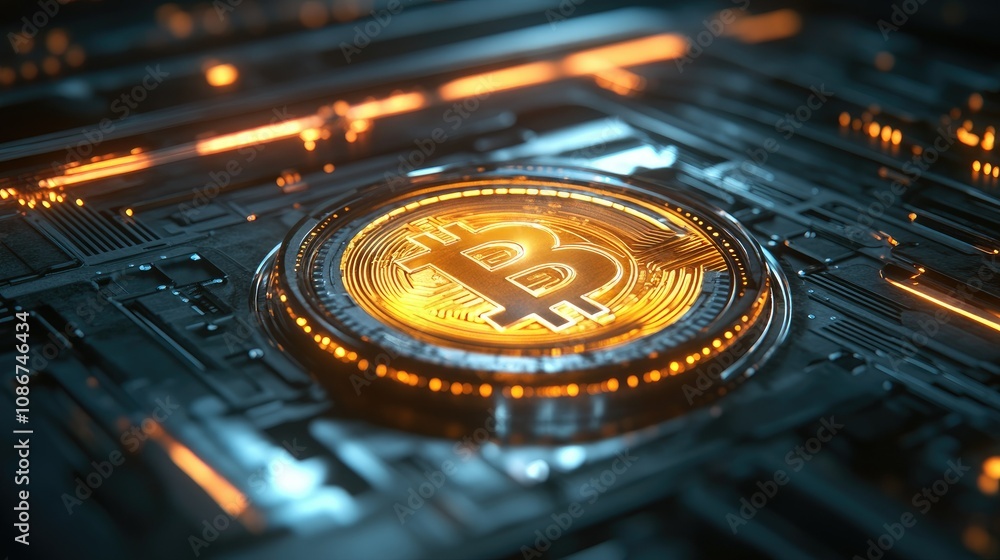 Poster intricate digital design featuring bitcoin symbol on a high-tech background with glowing elements fo