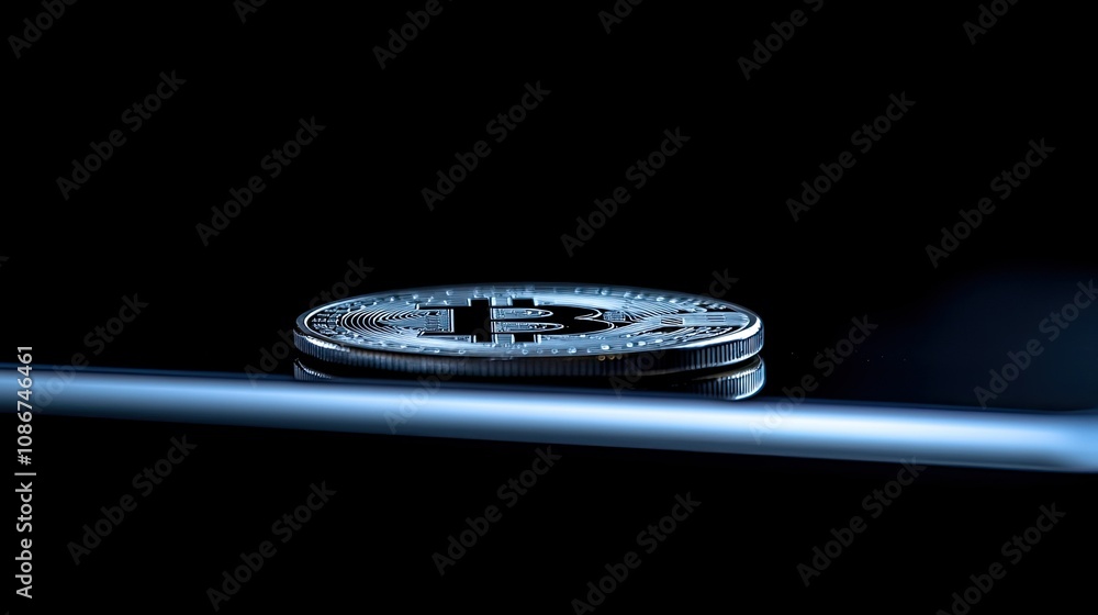 Poster close-up view of bitcoin coin on a reflective surface with dark background illuminating the cryptocu