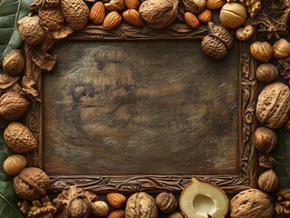 Assortment of Seasonal Autumn Nuts and Dried Fruit on Wooden Background