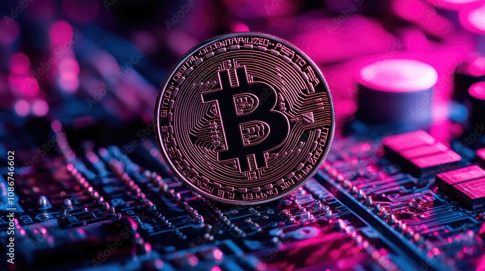 Poster close-up view of a bitcoin on a circuit board with colorful neon lights reflecting in a high-tech en