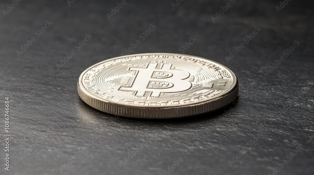 Poster close-up view of a gleaming bitcoin coin resting on a dark slate surface, symbolizing digital curren