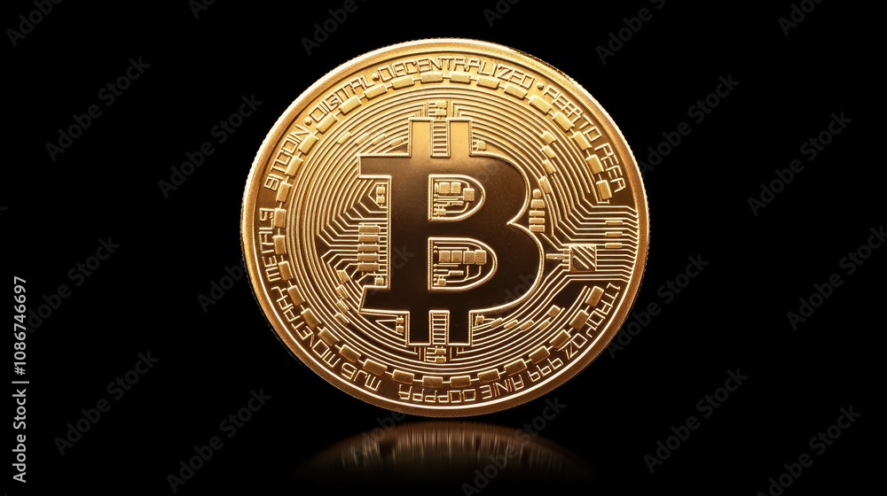 Poster golden bitcoin cryptocurrency coin representing digital currency and blockchain technology in a mode