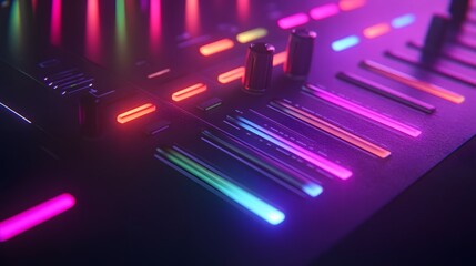 Close up of a music mixer with colorful lights.