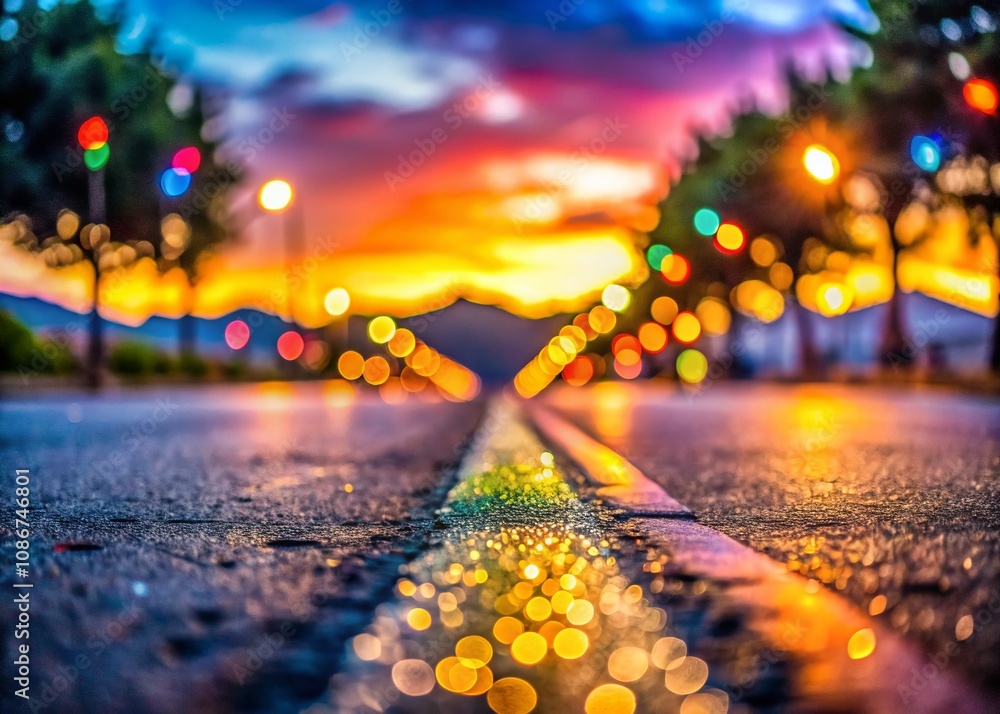 Poster bokeh effect on a concrete road background with soft focus and vibrant colors, perfect for urban and
