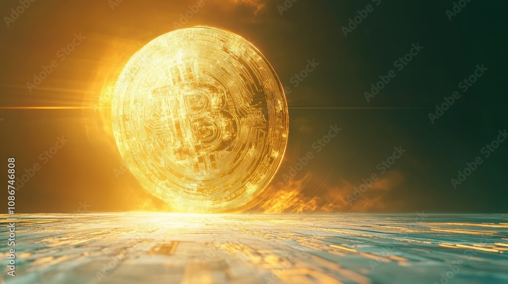 Aufkleber golden bitcoin coin illuminating digital landscape with rays of light in background creating futuris