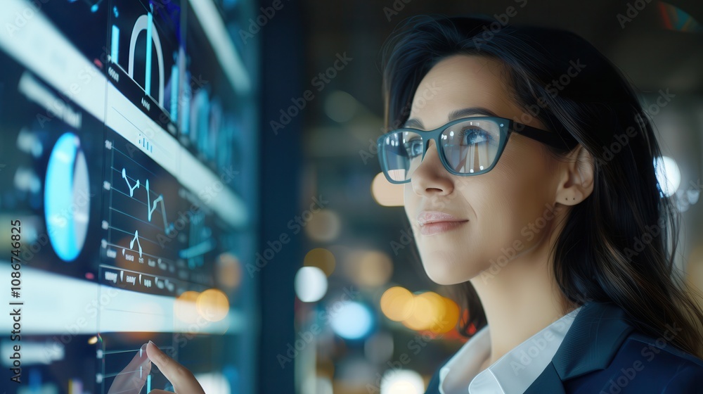 Poster smiling female analyst in glasses closely observing and interacting with data visualizations and cha