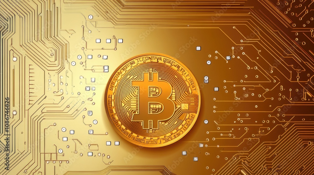 Poster golden bitcoin coin on a circuit board background representing digital currency and cryptocurrency t