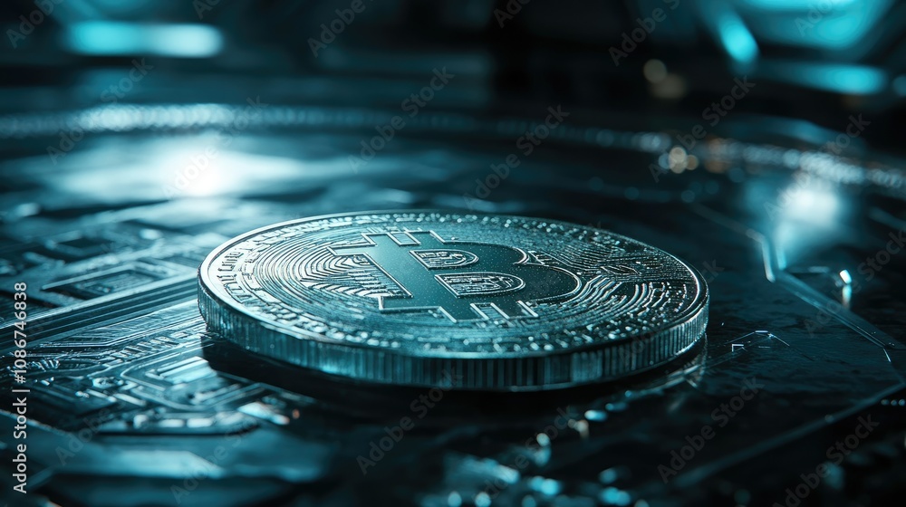 Aufkleber close-up of a bitcoin on a glossy surface with glowing background, reflecting light and showcasing c