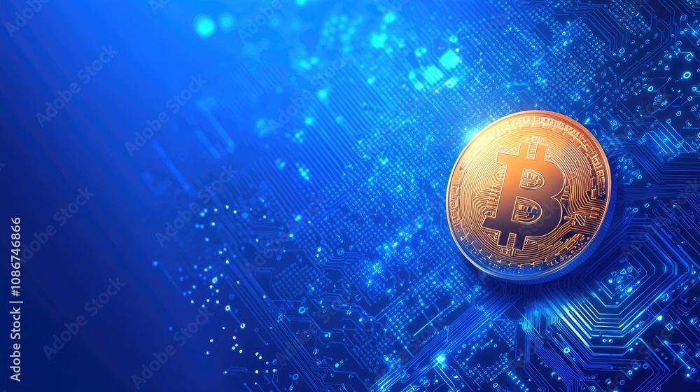 Poster digital cryptocurrency concept representing a physical bitcoin coin resting on a vibrant blue circui