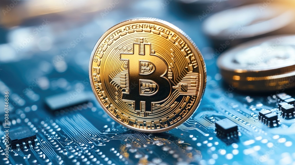 Poster golden bitcoin coin on a digital circuit background representing cryptocurrency technology and moder